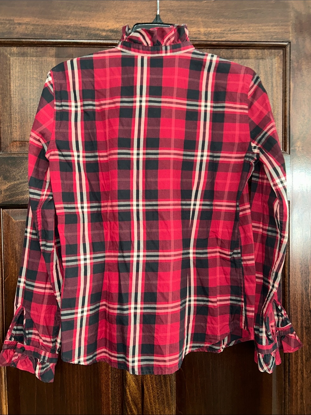 Chaps Red Black Plaid Ruffle-Front Button Down Top S - Picture 3 of 4
